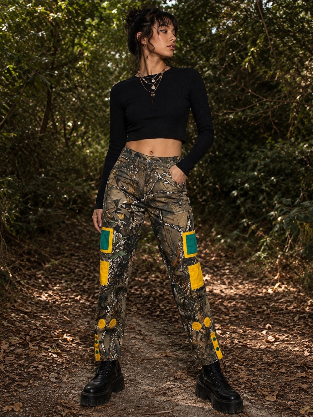 Creative Junkiez Camo Cargo Pants XS Y2K Gorpcore Upcycled Streetwear NWT